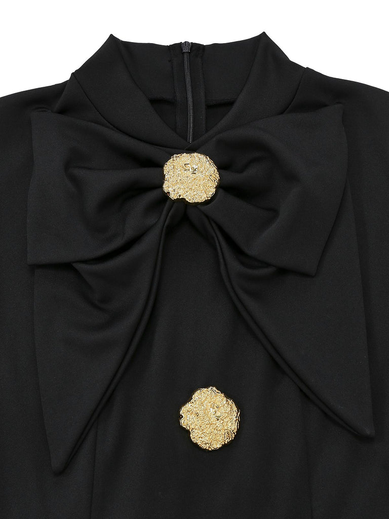 Black 1930s Bow Collar Metal Button Front Slit Dress