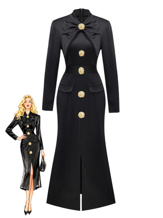 Black 1930s Bow Collar Metal Button Front Slit Dress