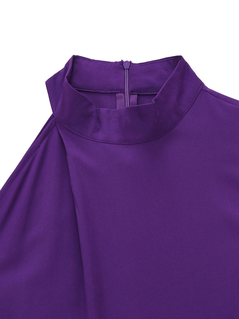 Purple 1980s Solid Irregular Sleeve Fitted Jumpsuit