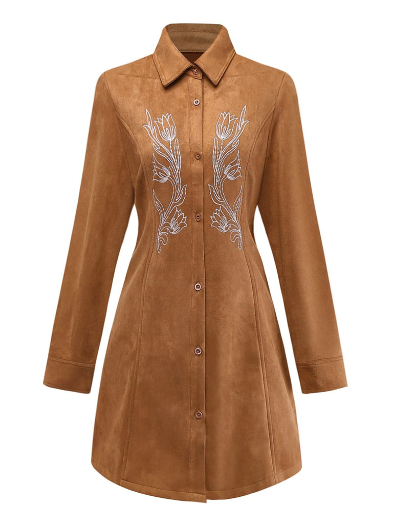 Brown 1970s Lapel Floral Embroidered Faux-Suede Dress
