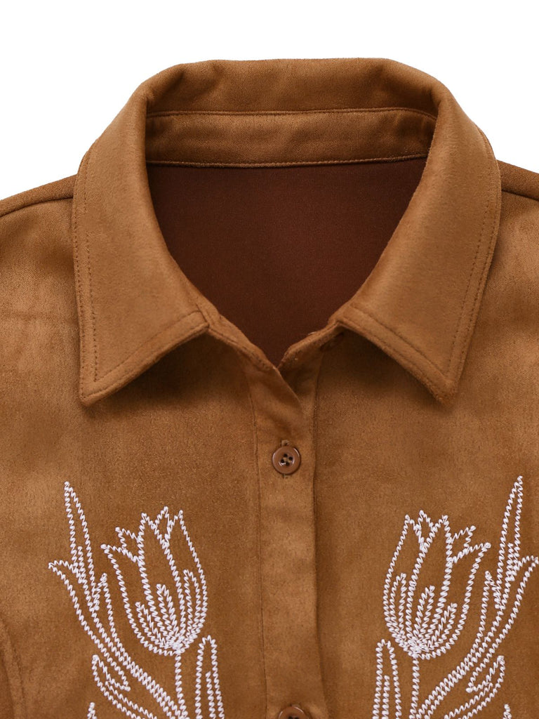 Brown 1970s Lapel Floral Embroidered Faux-Suede Dress