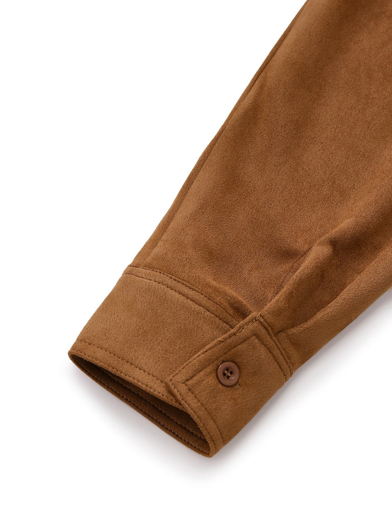 Brown 1970s Lapel Floral Embroidered Faux-Suede Dress