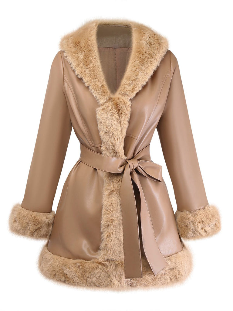 Khaki 1940s PU Leather Faux Fur Collar Belted Coat