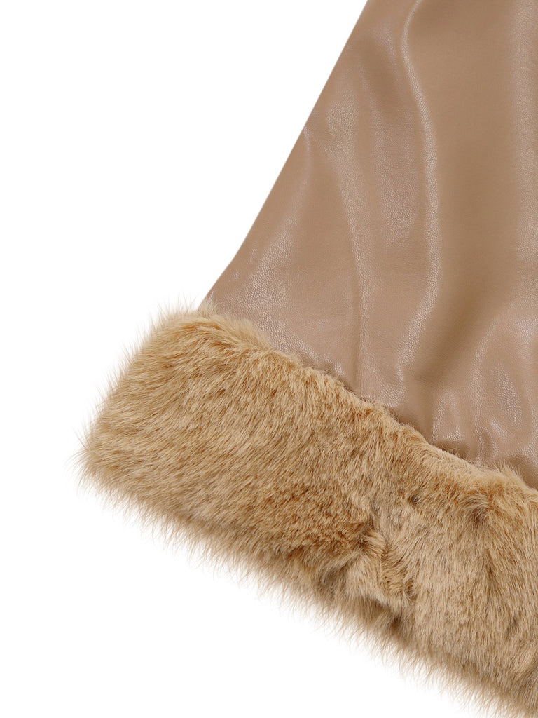 Khaki 1940s PU Leather Faux Fur Collar Belted Coat