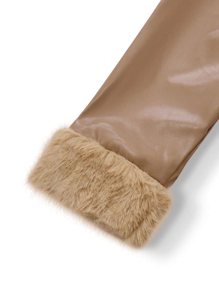 Khaki 1940s PU Leather Faux Fur Collar Belted Coat