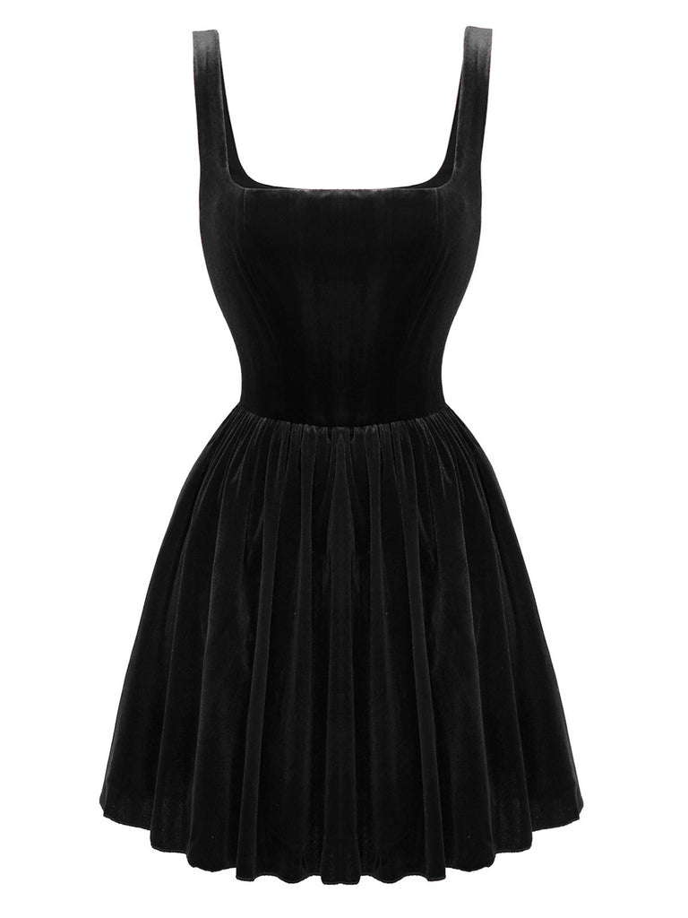 1970s Solid Square Neck Velvet Mini Dress