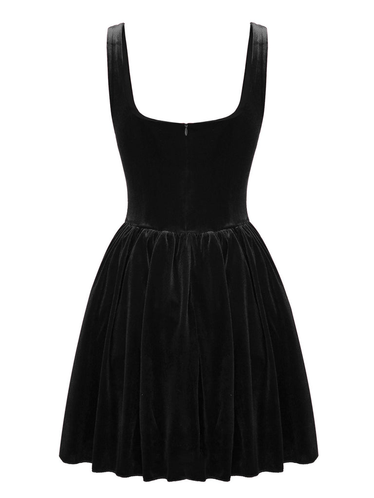 1970s Solid Square Neck Velvet Mini Dress