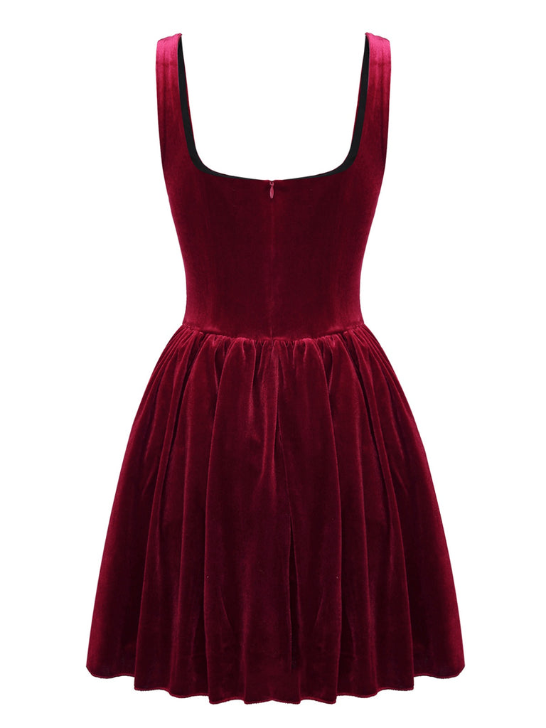 1970s Solid Square Neck Velvet Mini Dress