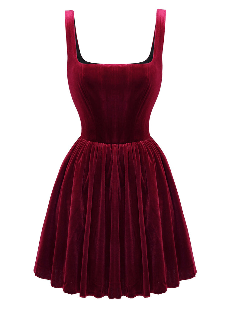 1970s Solid Square Neck Velvet Mini Dress