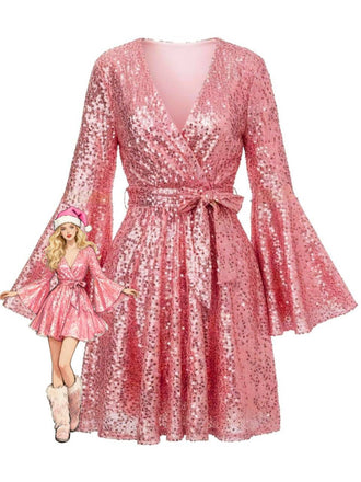 1970s V-Neck Flare Sleeve Sequined Disco Dress