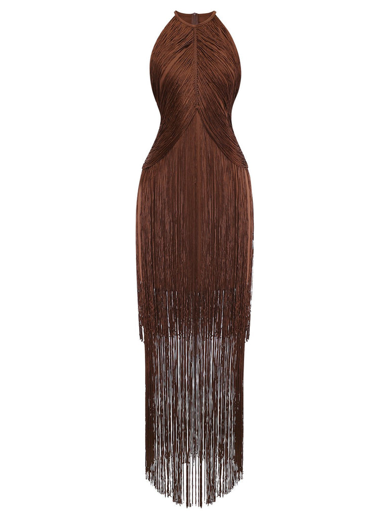 Coffee 1920s Solid Fringe Halter Sleeveless Dress