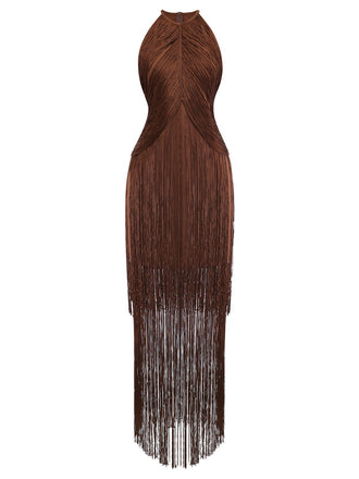 Coffee 1920s Solid Fringe Halter Sleeveless Dress