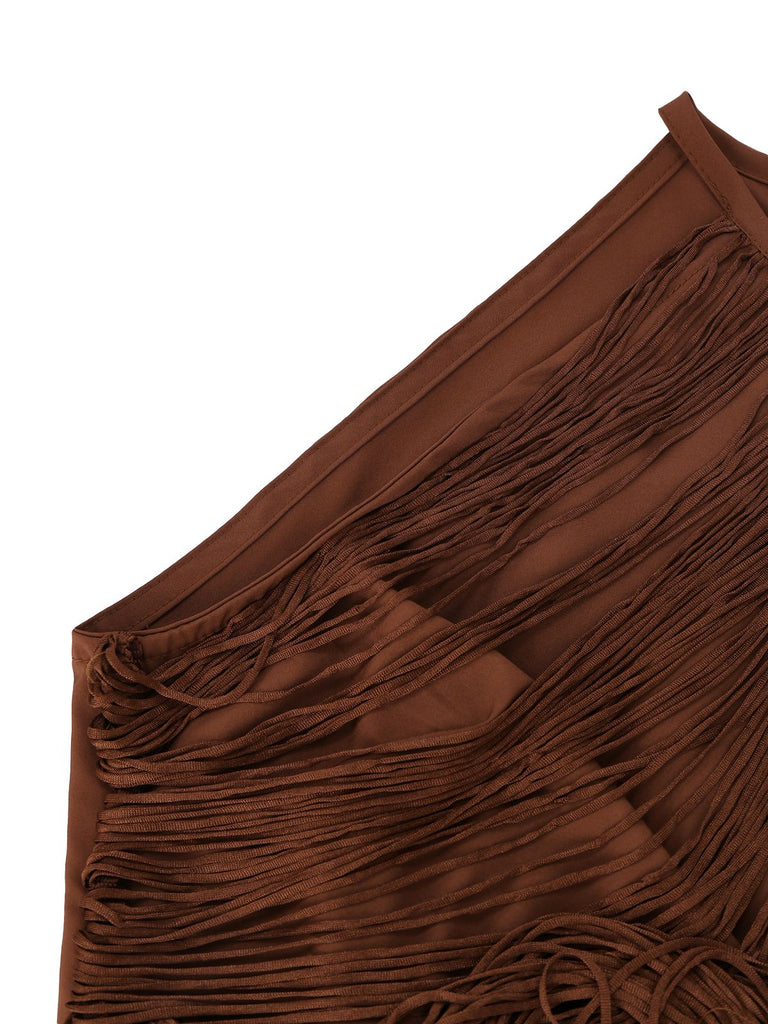 Coffee 1920s Solid Fringe Halter Sleeveless Dress