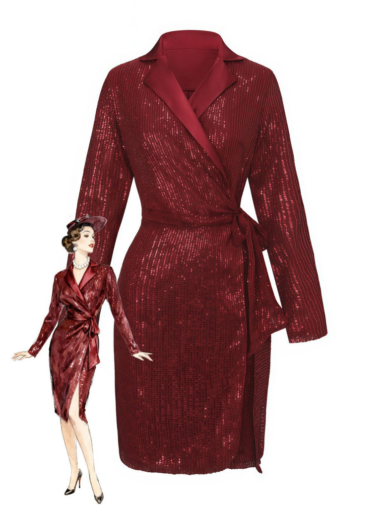 1960s Lapel Sequin Waist Tie Long Jacket