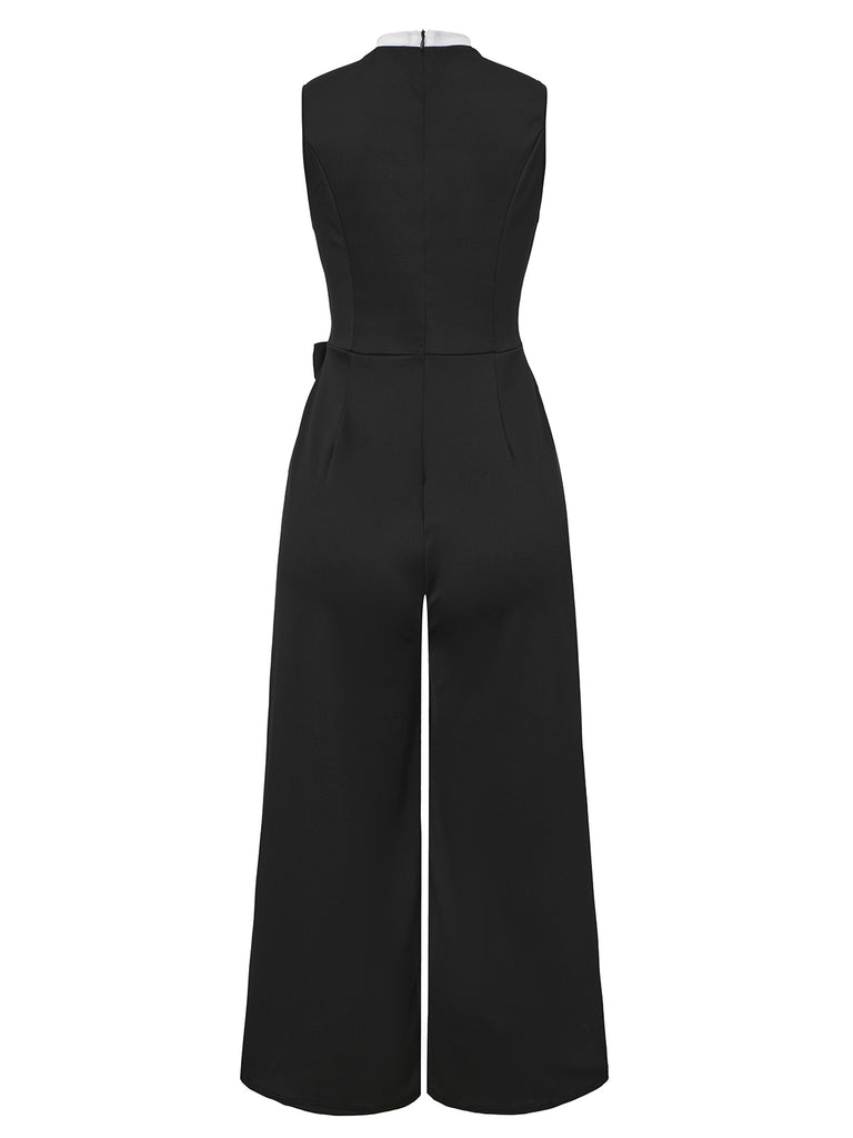 Black 1950s 3D-Floral Sleeveless Tie-Up Jumpsuit