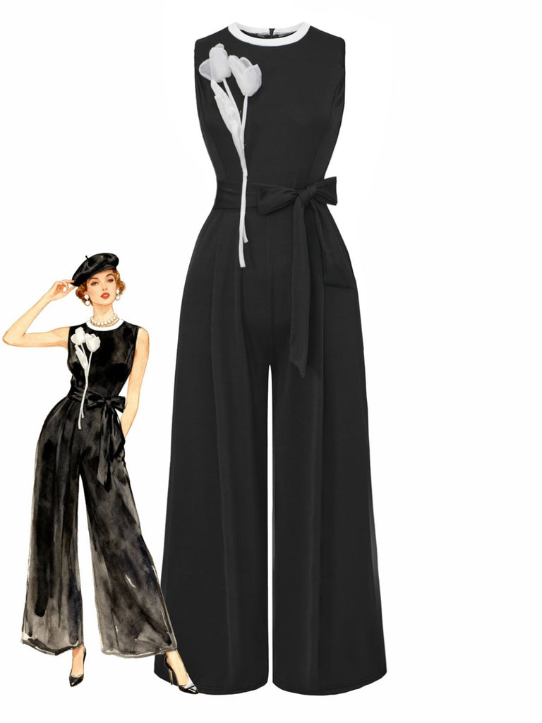Black 1950s 3D-Floral Sleeveless Tie-Up Jumpsuit