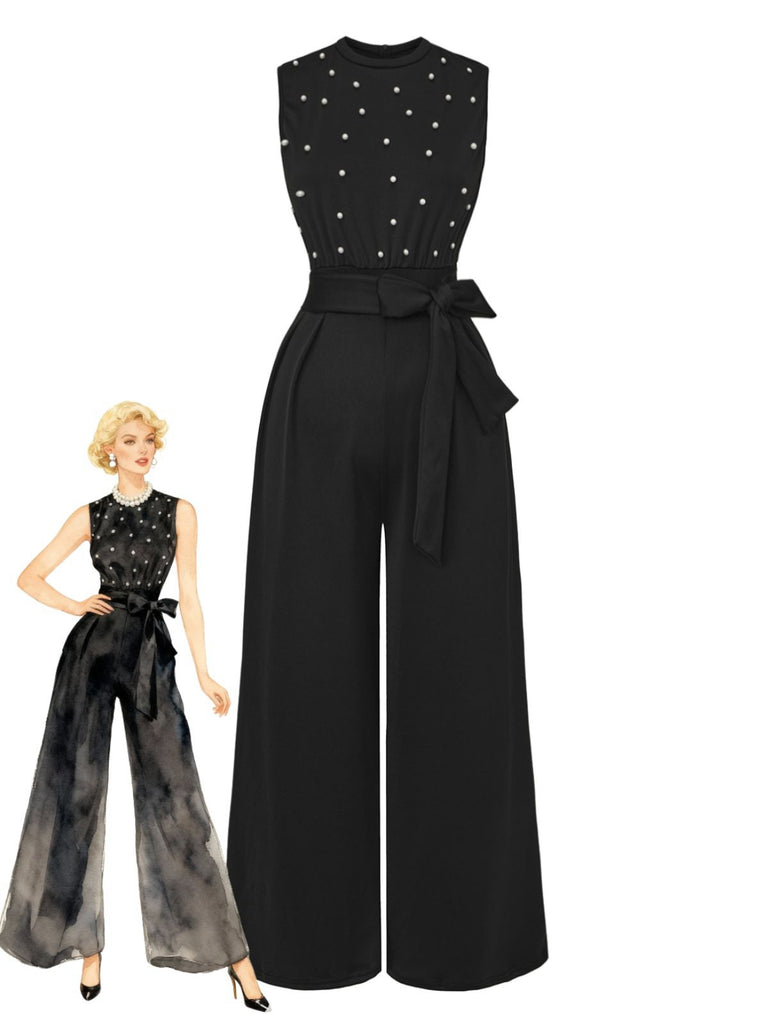 Black 1950s Pearl Beading Bow Belt Jumpsuit