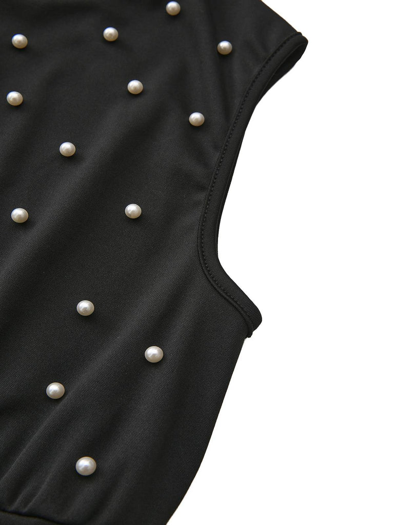 Black 1950s Pearl Beading Bow Belt Jumpsuit