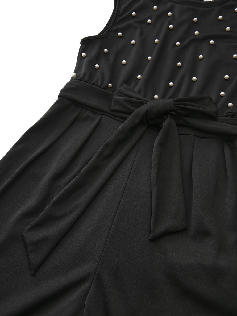 Black 1950s Pearl Beading Bow Belt Jumpsuit