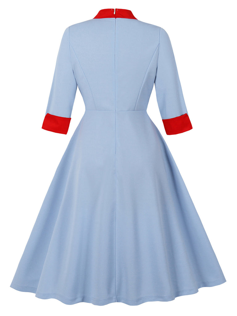 Blue 1950s Contrast Tie-Neck High Collar Dress