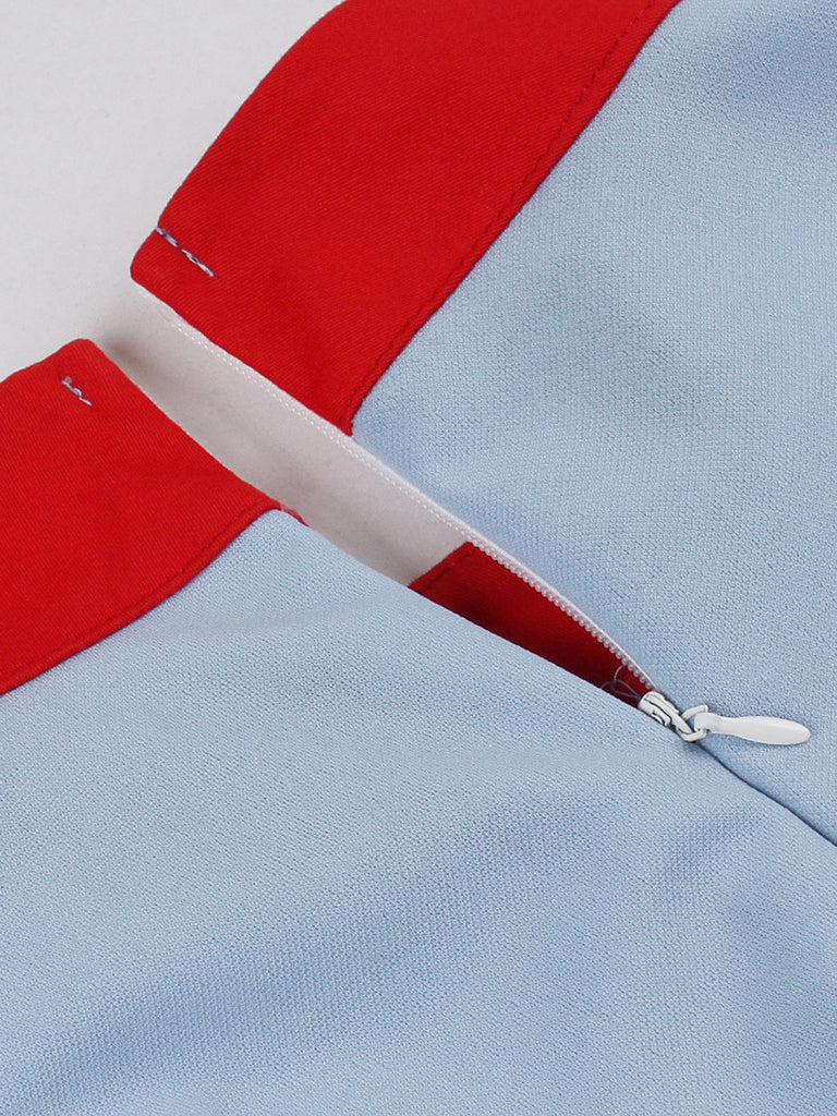 Blue 1950s Contrast Tie-Neck High Collar Dress