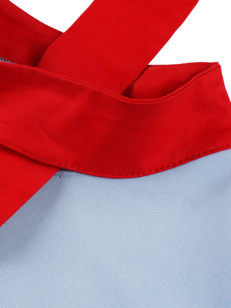 Blue 1950s Contrast Tie-Neck High Collar Dress