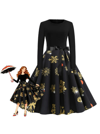 Black 1950s Christmas Snowflake Ribbon Belt Dress