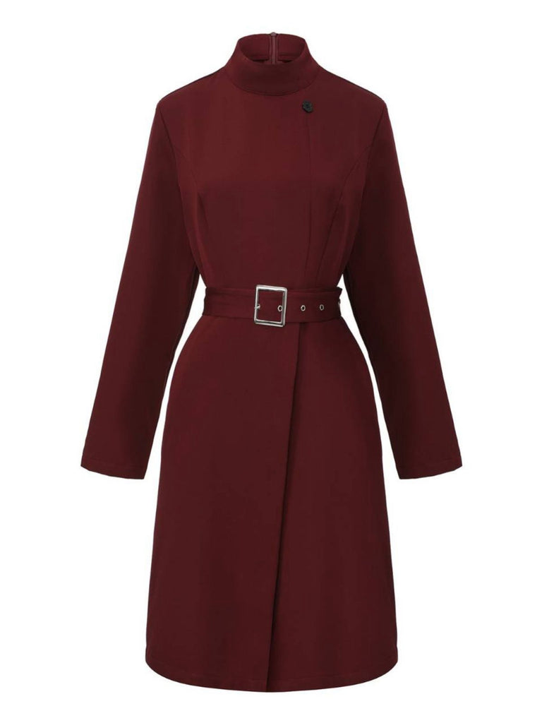 1940s Solid Turtleneck Belted Dress With Pocket