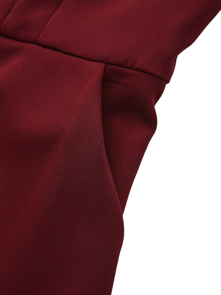 1940s Solid Turtleneck Belted Dress With Pocket