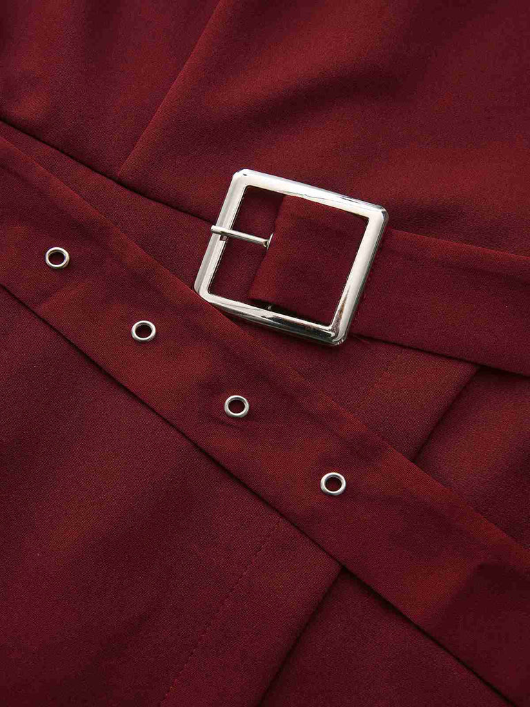 1940s Solid Turtleneck Belted Dress With Pocket