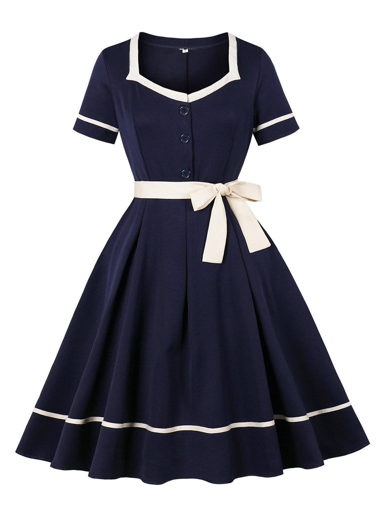 Navy Blue 1950s Nautical Square Neck Belted Dress