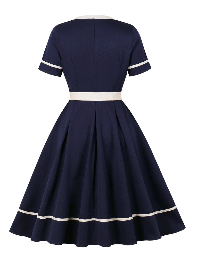 Navy Blue 1950s Nautical Square Neck Belted Dress
