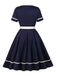 Navy Blue 1950s Nautical Square Neck Belted Dress
