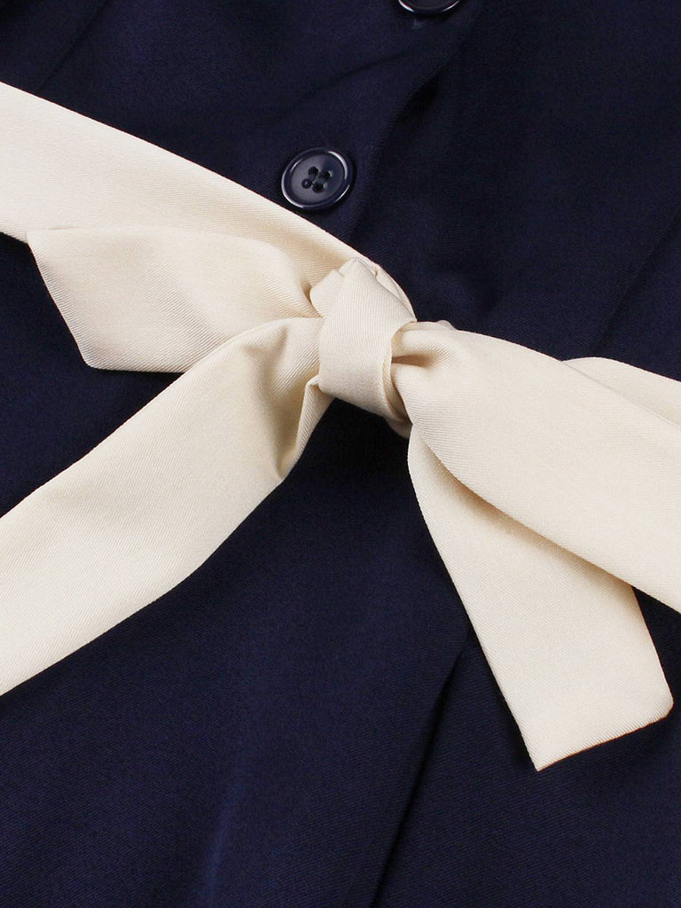 Navy Blue 1950s Nautical Square Neck Belted Dress