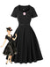 Black 1950s Solid 3D Rose Lapel Swing Dress