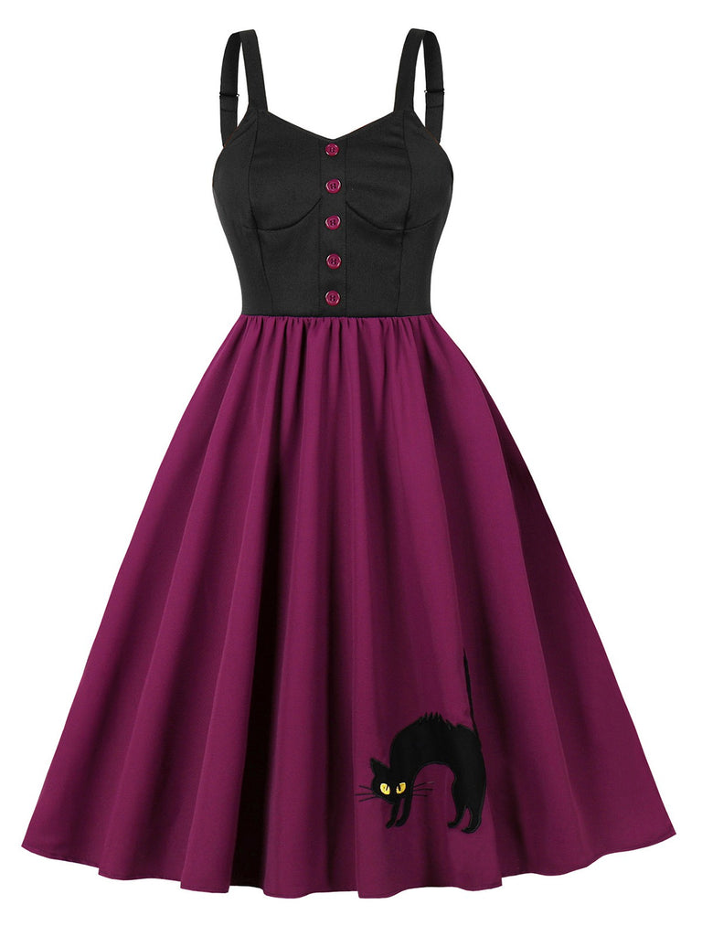 Purplish Red 1950s Cat Wide-Strap Swing Dress
