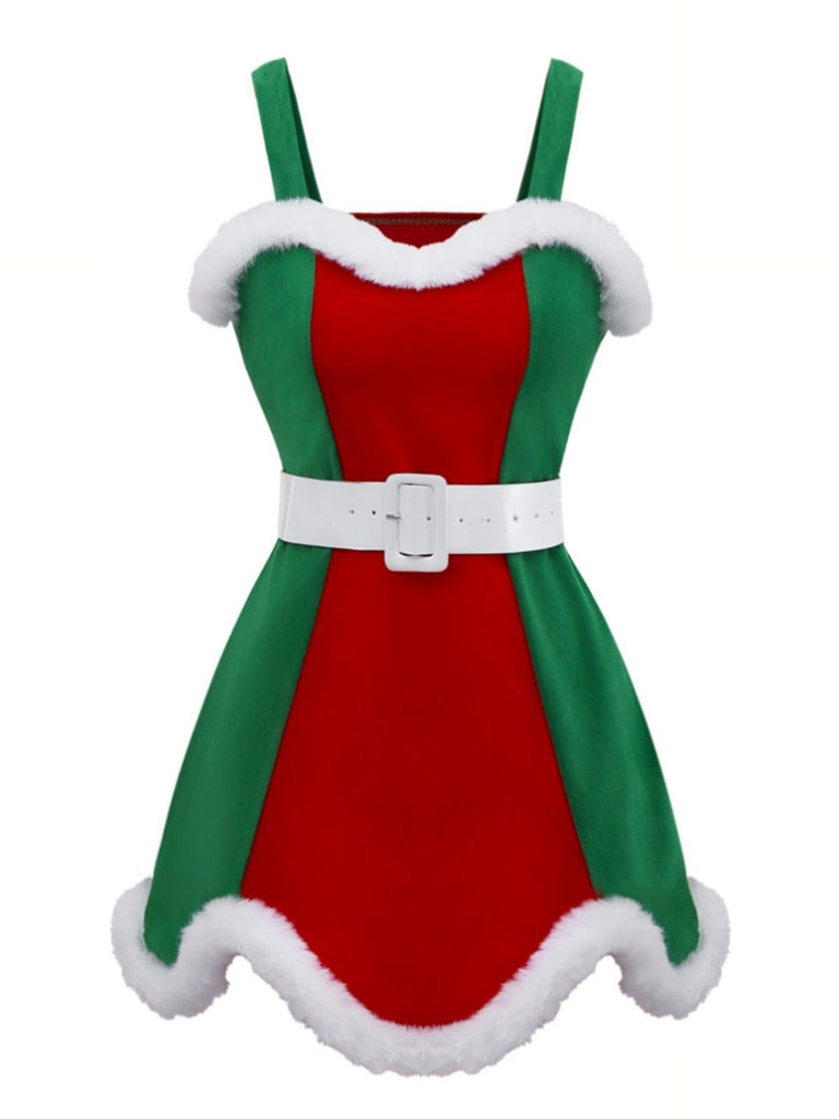 Red & Green 1960s Christmas Plush Trim Dress Set