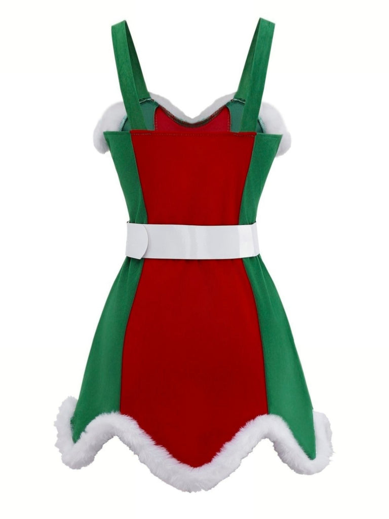 Red & Green 1960s Christmas Plush Trim Dress Set