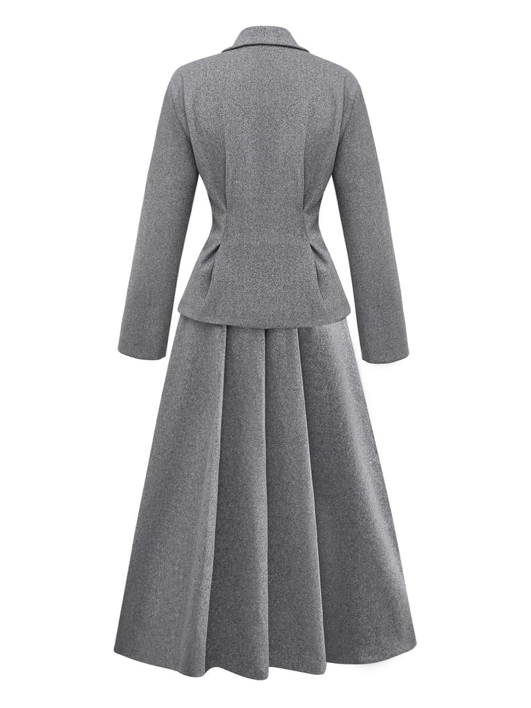 2PCS Grey 1940s Office Lapel Blazer & A-Line Pleated Skirt