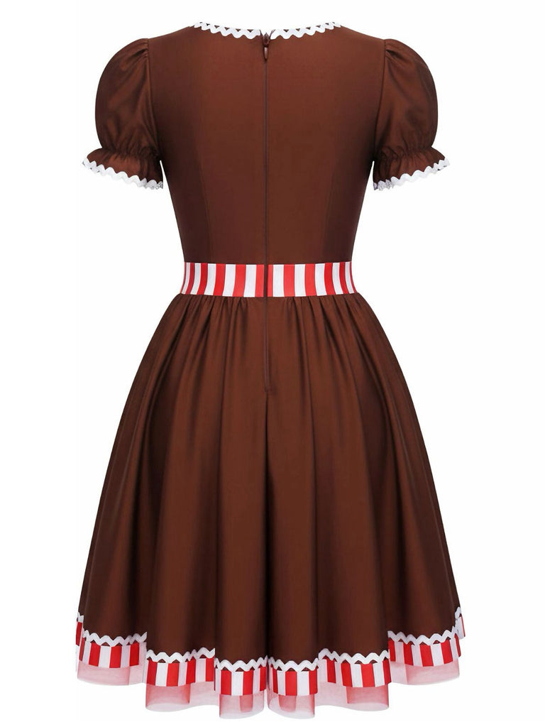 [Pre-Sale] Rust Red 1950s Gingerbread Man Stripe Patchwork Dress