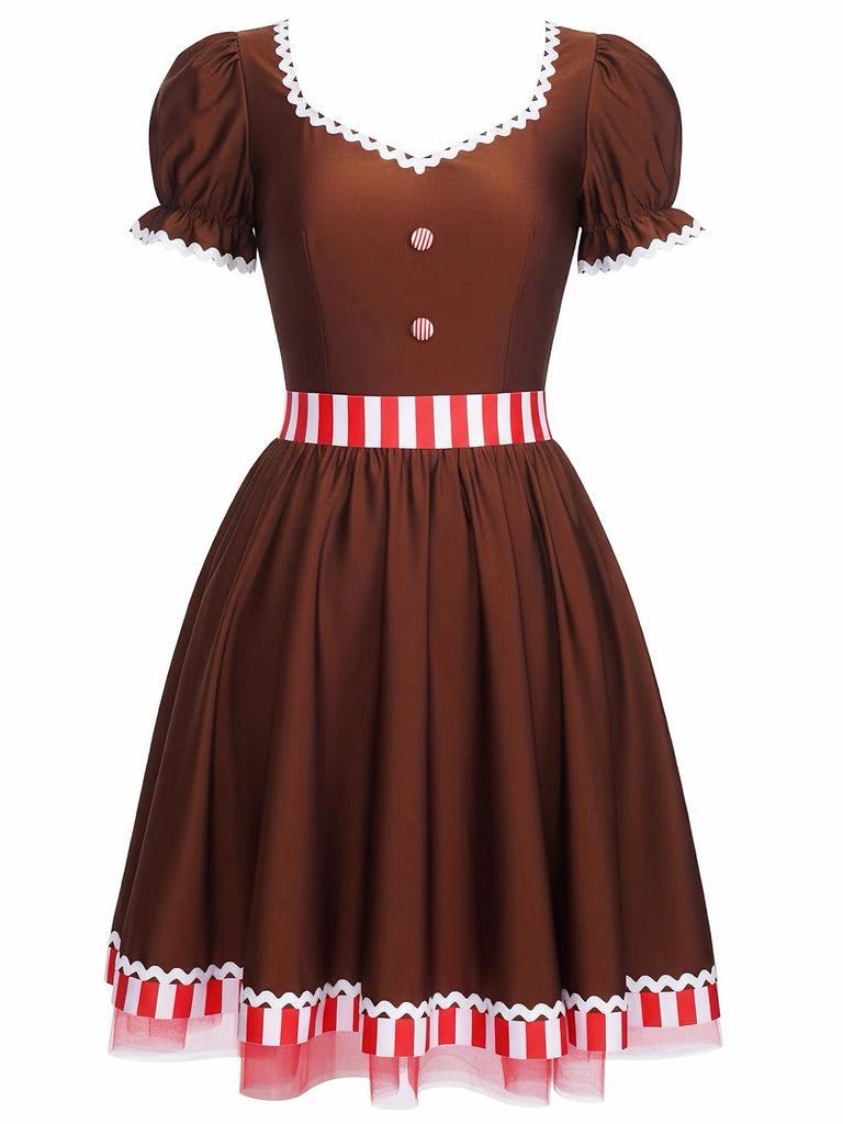 [Pre-Sale] Rust Red 1950s Gingerbread Man Stripe Patchwork Dress