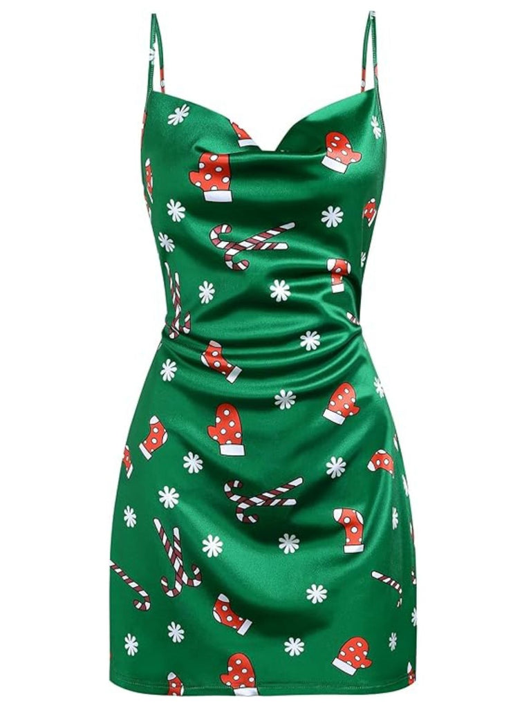 [Pre-Sale] Green 1960s Christmas Cowl Neck Slip Dress
