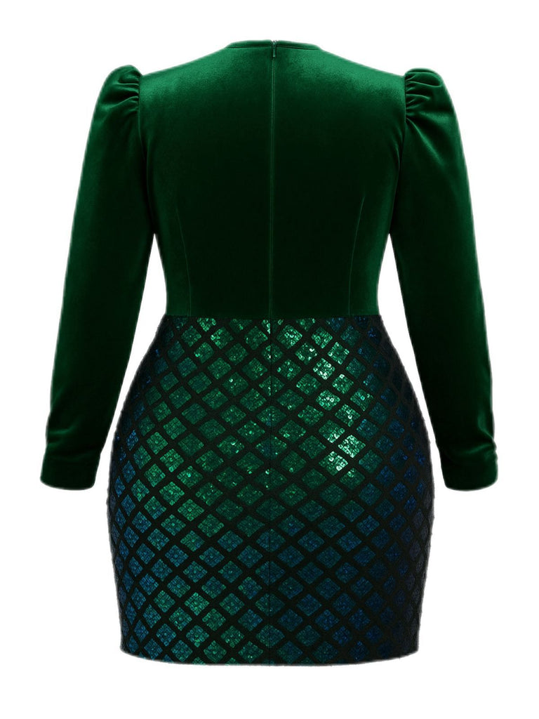 [Plus Size] Green 1960s Seuqins V-Neck Velvet Bodycon Dress