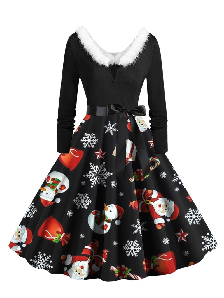 1950s Christmas V-Neck Fur Collar Swing Dress