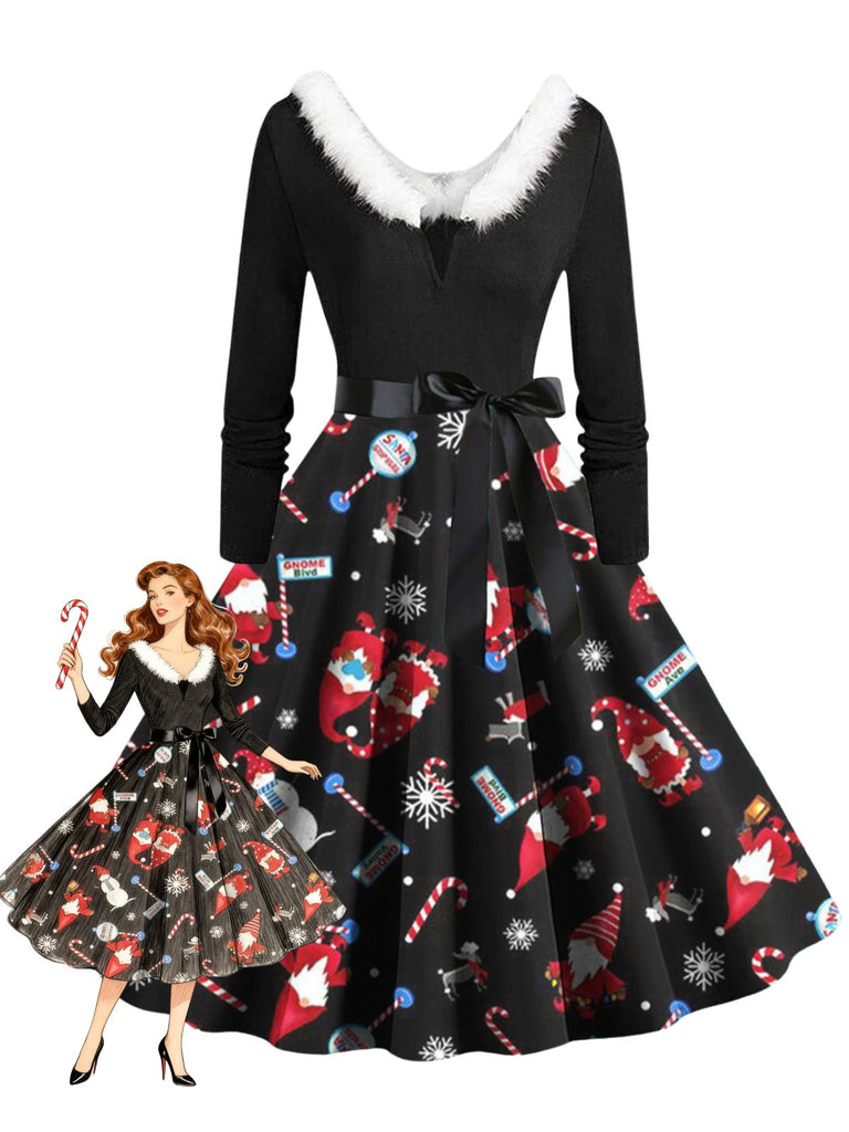 1950s Christmas V-Neck Fur Collar Swing Dress