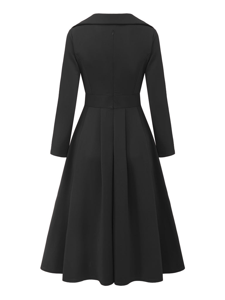 1950s Solid Lapel High Waist Swing Dress