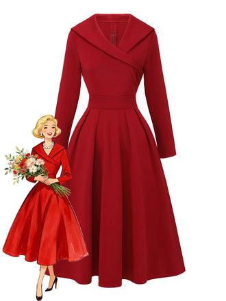 1950s Solid Lapel High Waist Swing Dress