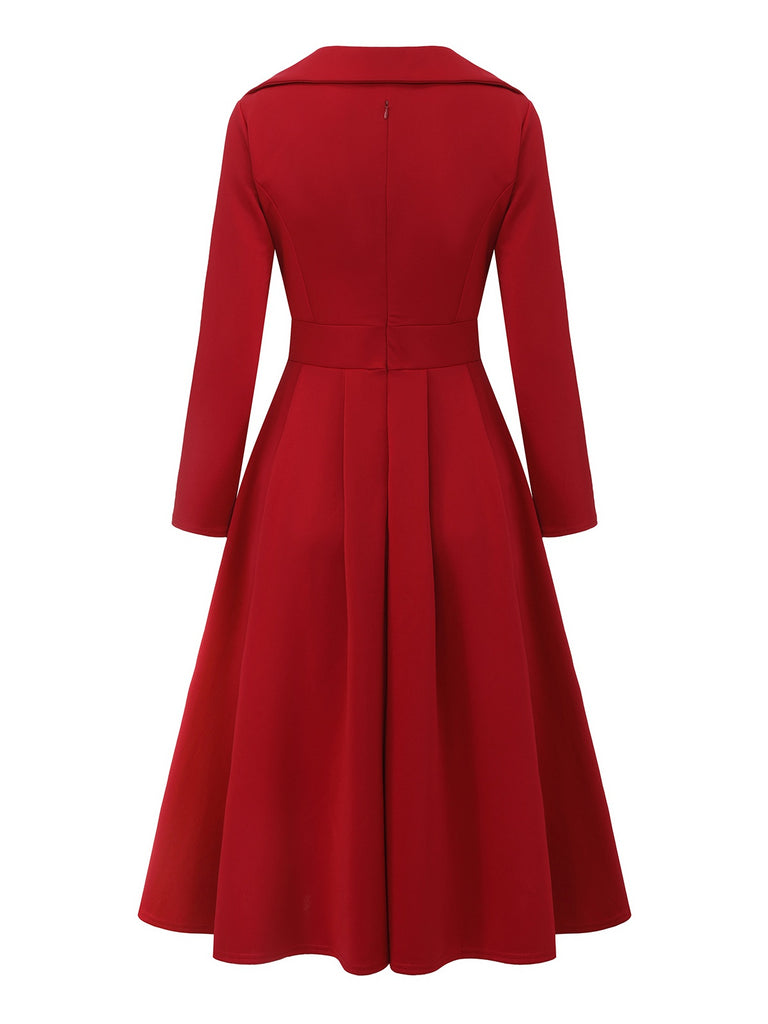 1950s Solid Lapel High Waist Swing Dress