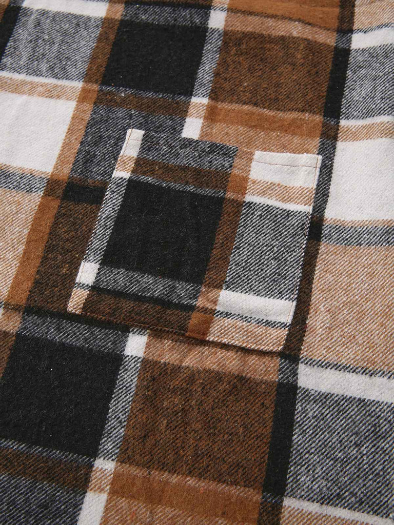 Brown 1970s Plaid V-Neck Pocket Overall Dress