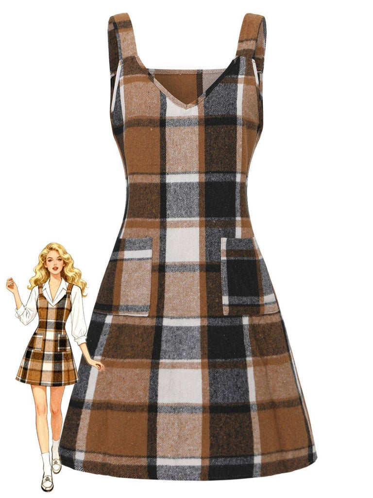 Brown 1970s Plaid V-Neck Pocket Overall Dress